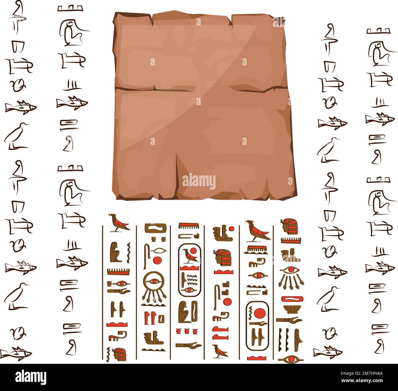 Alte ägyptische Papyrus-Teil-Cartoon-Vektordarstellung. Antikes Papier mit Hieroglyphen, religiösen Symbolen der ägyptischen Kultur, Einrichtung zum Speichern von Informationen, isoliert auf weißem Hintergrund Stock Vektor