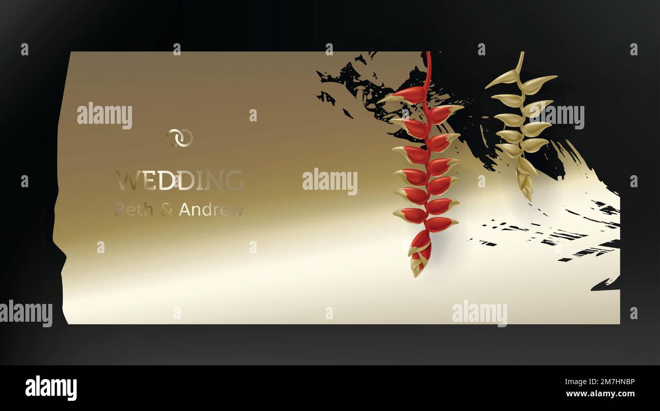 Tropische goldrote Helikonie Pflanzen auf dunkelschwarzem Hintergrund Vektor. Wunderschönes botanisches Vintage-Design mit goldenem Lackabstrich und tropischer Dschungelblume. Hochzeitseinladungskarte, Feiertagsverkauf Stock Vektor