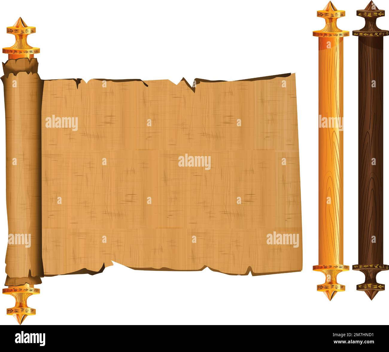 Alte ägyptische Papyrus-Schriftrolle mit Holzstangen-Cartoon-Vektordarstellung. Ägyptisches Kultursymbol, leeres, entfaltetes uraltes Papier zur Speicherung von Informationen mit Holzstäbchen, isoliert auf weißem Hintergrund Stock Vektor