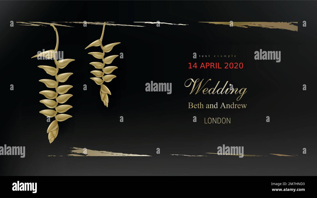 Helikoniepflanzen aus tropischem Gold auf dunkelschwarzem Hintergrundvektor. Wunderschönes botanisches Vintage-Design mit goldenem Lackabstrich und tropischer Dschungelblume. Hochzeitseinladungskarte, Feiertagsverkauf Stock Vektor