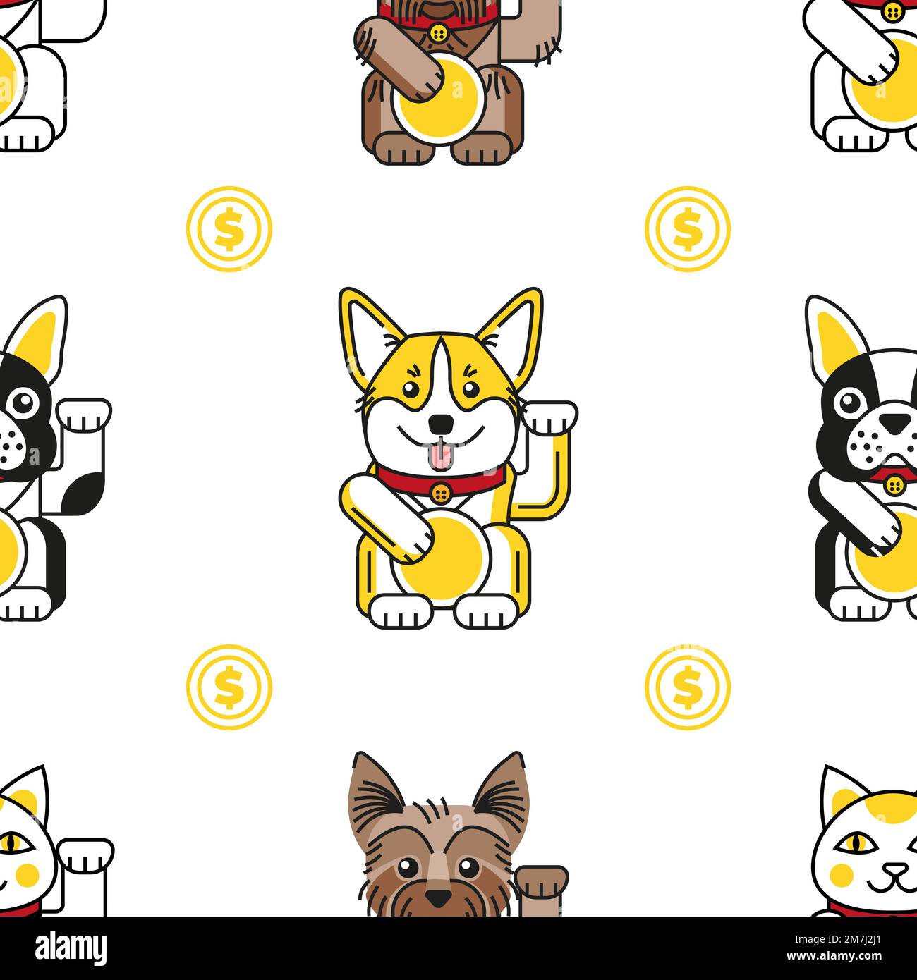 Glückskatze mit Bulldogge, Corgi, Yorkshire-Muster Stock Vektor