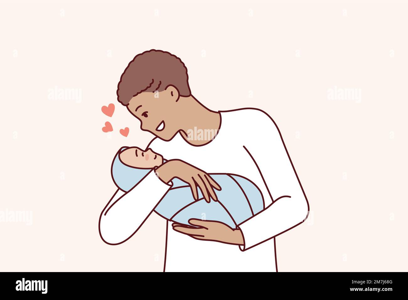 Ein liebevoller Mann hält Ihr Baby in den Armen und lächelt. Genießen Sie die Kommunikation mit Ihrem Sohn. Junger positiver Vater mit kurzen Haaren ist froh, dass ein Neugeborenes in eine Decke gewickelt ist. Abbildung eines flachen Vektors Stock Vektor