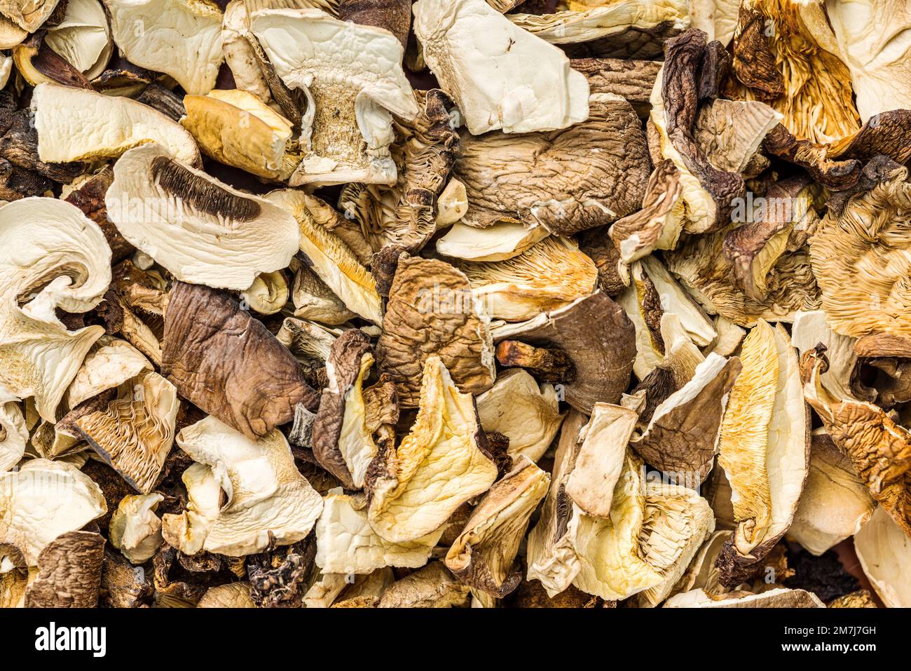 Die geschnittenen getrockneten Pilze. Draufsicht. Stockfoto