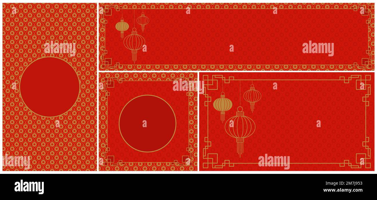 Chinesisches Neujahrskarten-Set. Traditionelles asiatisches geometrisches Muster. Stock Vektor