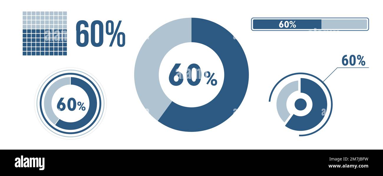 Symbolsatz für zu 60 Prozent geladene Daten. 60 Kreisdiagramm, Tortendiagramm, Fortschrittsbalken. Infografik zu 60 %. Vektorkonzeptsammlung, blaue Farbe Stock Vektor