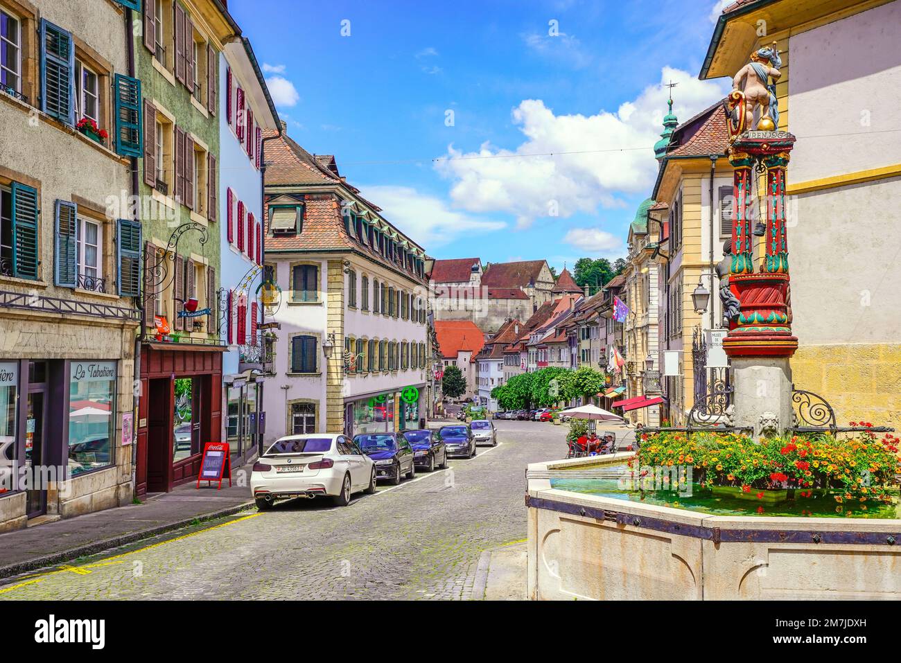 Fontaine de la Samaritaine bei der Grand rue in Porrentruy, Kanton Jura, Schweiz. Stockfoto