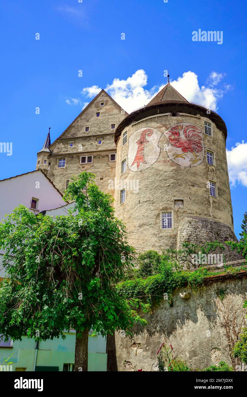 Blick auf den großen Turm von Château de Porrentruy, Kanton Jura, Schweiz Stockfoto