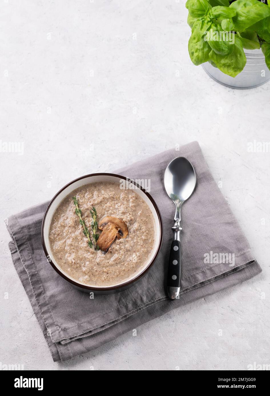 Cremesuppe aus Champignons mit Thymian in einer Keramikschüssel auf hellem Hintergrund mit frischem Kräuter. Der Begriff der vegetarischen und diätetischen Nahrung. Draufsicht und CO Stockfoto