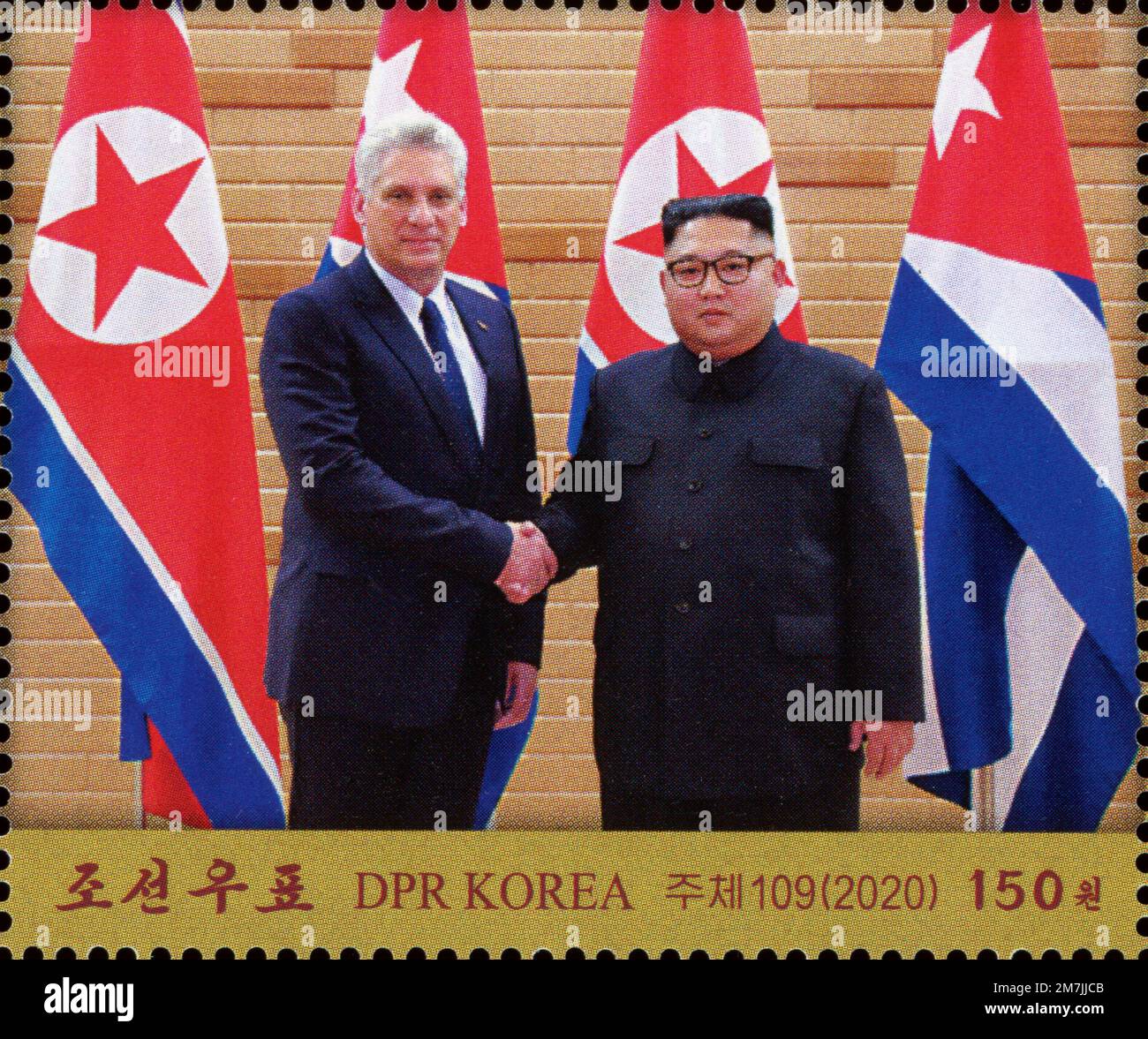 2020 Nordkorea-Stempel. 60. Jahrestag der Aufnahme diplomatischer Beziehungen zur Republik Kuba. Kim Jong UN und Miguel Diaz-Canel Stockfoto