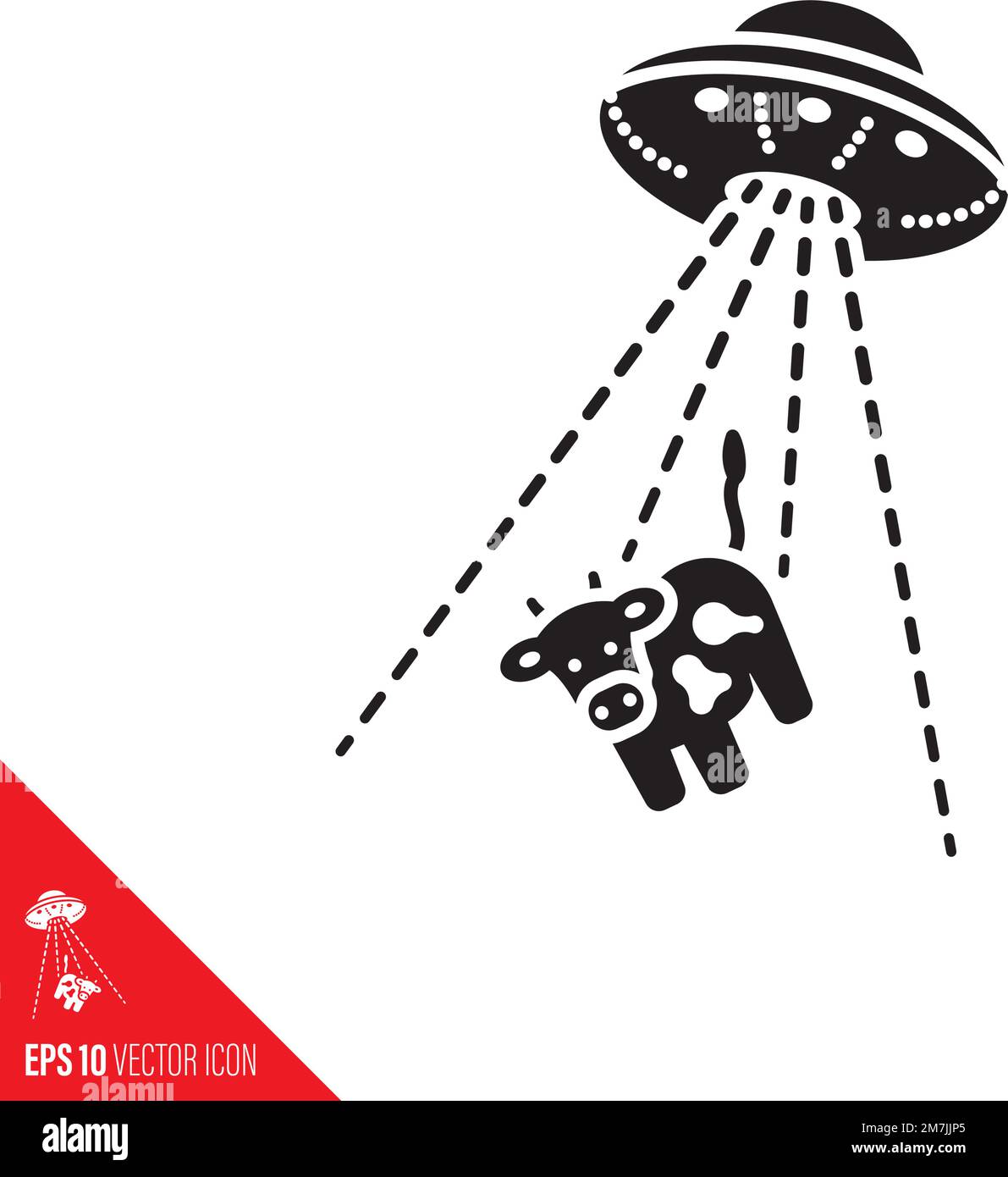 UFO entführt ein Kuh-Cartoon-Vektorsymbol. Fliegende Untertasse mit Kuh im Transporterstrahl-Symbol. Stock Vektor