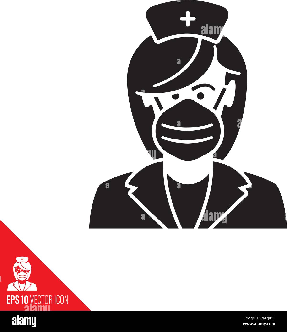 Vektorsymbol für Krankenschwester mit Gesichtsmaske. Symbol für Virenschutz und medizinische Tätigkeit. Stock Vektor