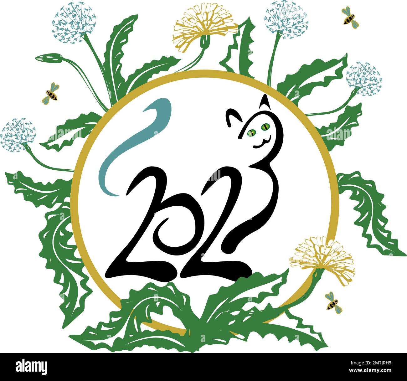 Katze mit den Zahlen 2023 mit Blume im Handzeichnen-Stil. Mondzodiac-Symbol des Jahres der Katze. Weihnachtslogo für das chinesische Neujahr 2023 Stock Vektor