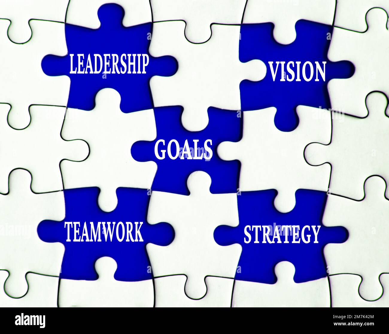 Geschäftskonzept. Führung, Vision, Ziele, Teamarbeit und Strategietext zu fehlendem Puzzle. Stockfoto