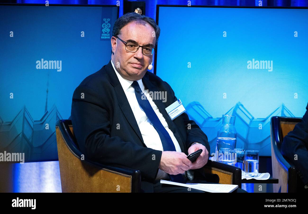 Stockholm, Schweden. 10. Januar 2023. Andrew Bailey, Bank of England, nimmt am Dienstag, den 10. Januar 2023, an einem Central Bank Symposium im Grand Hotel in Stockholm Teil. Hochrangige Zentralbankbeamte und prominente Wissenschaftler nahmen an vier Gremien Teil, die sich mit der Unabhängigkeit der Zentralbank aus verschiedenen Blickwinkeln befassen: Klima, Zahlungen, Mandate und globale Politikkoordinierung. Foto: Claudio Bresciani/TT/code10090 ***SCHWEDEN AUS*** Kredit: TT News Agency/Alamy Live News Stockfoto