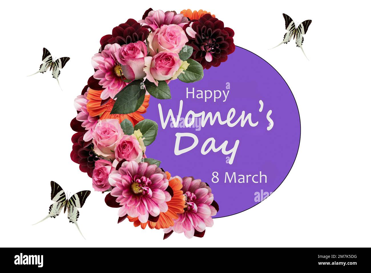 Happy March 8th Internationaler Frauentag Hintergrund. Collage von Fotos von Blumen und Schmetterlingen flach Lay Grußkarte Vorlage. Stockfoto