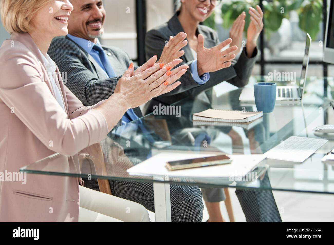 Geschäftskollegen applaudieren bei einer Geschäftspräsentation. Stockfoto