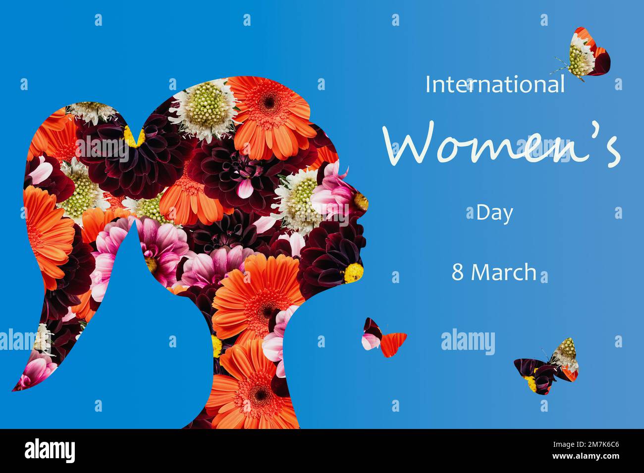 Happy March 8. – Hintergrundposter zum Internationalen Frauentag. Design mit Silhouette und Blütencollage mit Blumenfotos. Stockfoto
