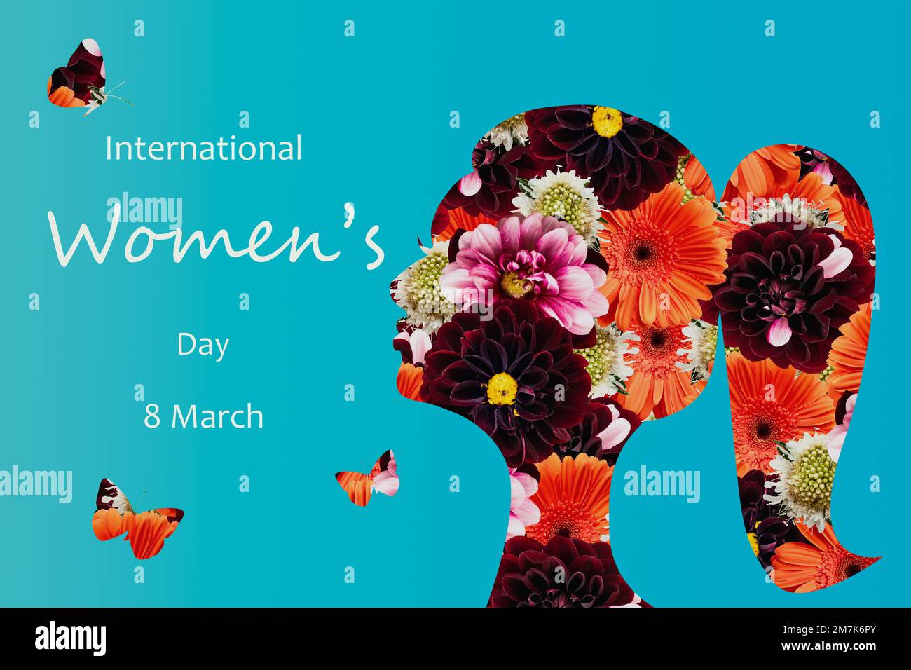 Happy March 8th International Women's Day Hintergrundposter. Design mit Frau Seitenprofil Silhouette und Blüte Collage von Fotos von Blumen und Stockfoto