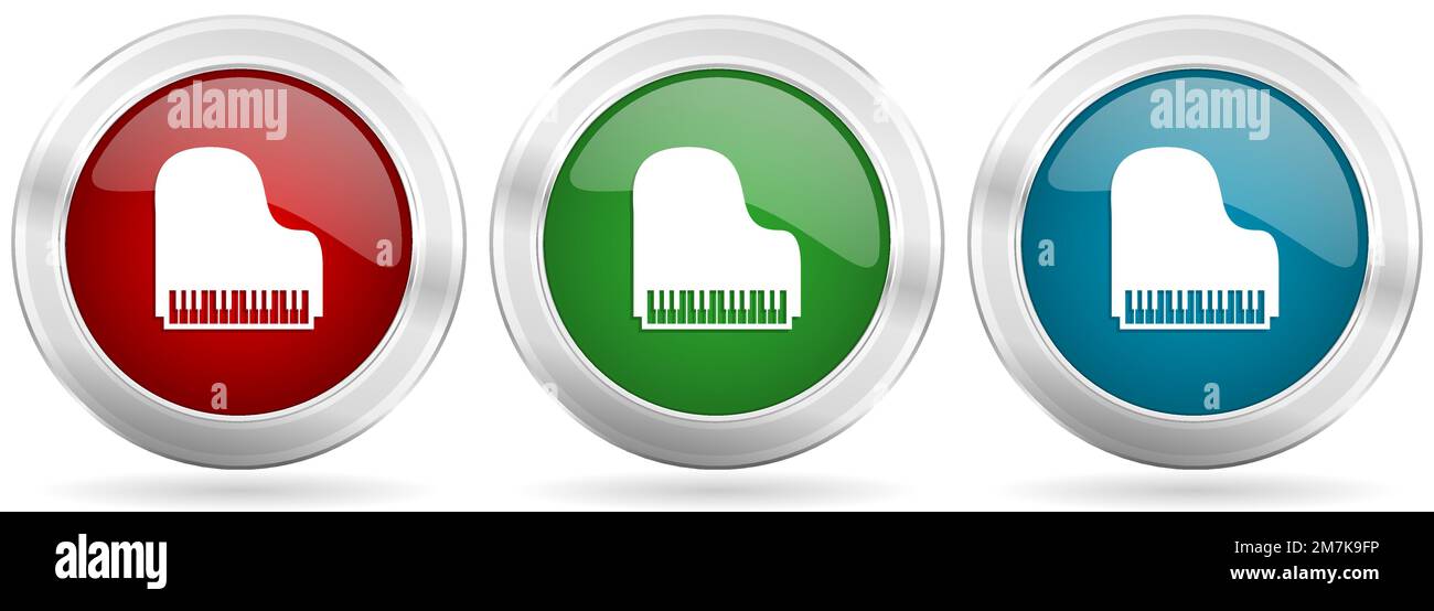 Klavier, Musikvektor-Symbolset. Rote, blaue und grüne silberfarbene metallische Netzknöpfe mit Chromrand Stock Vektor