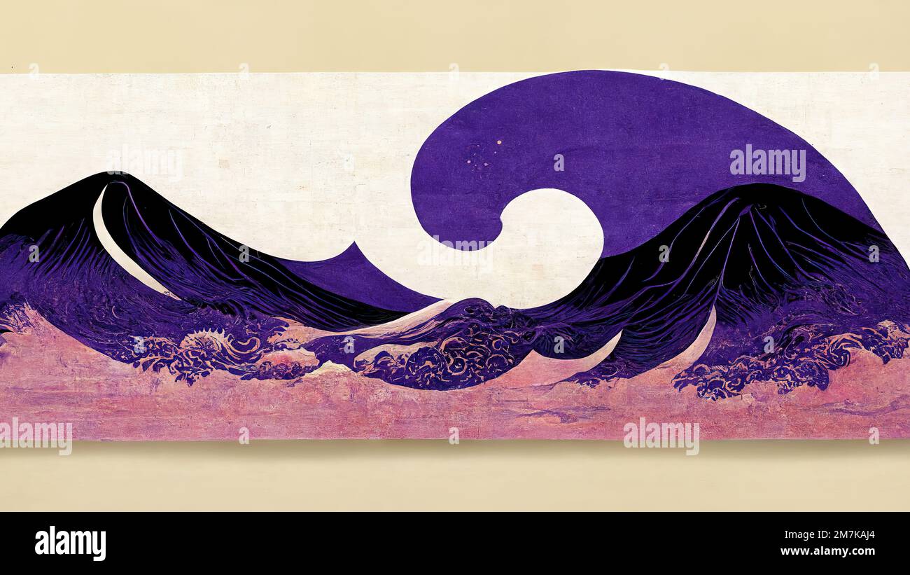 Violette Wellen und rosafarbenes Wolkenmeer, abstrakt und markant, Retro und elegant, im Stil von Katsushika Hokusais Ukiyoe, japanisch traditionell und g Stockfoto