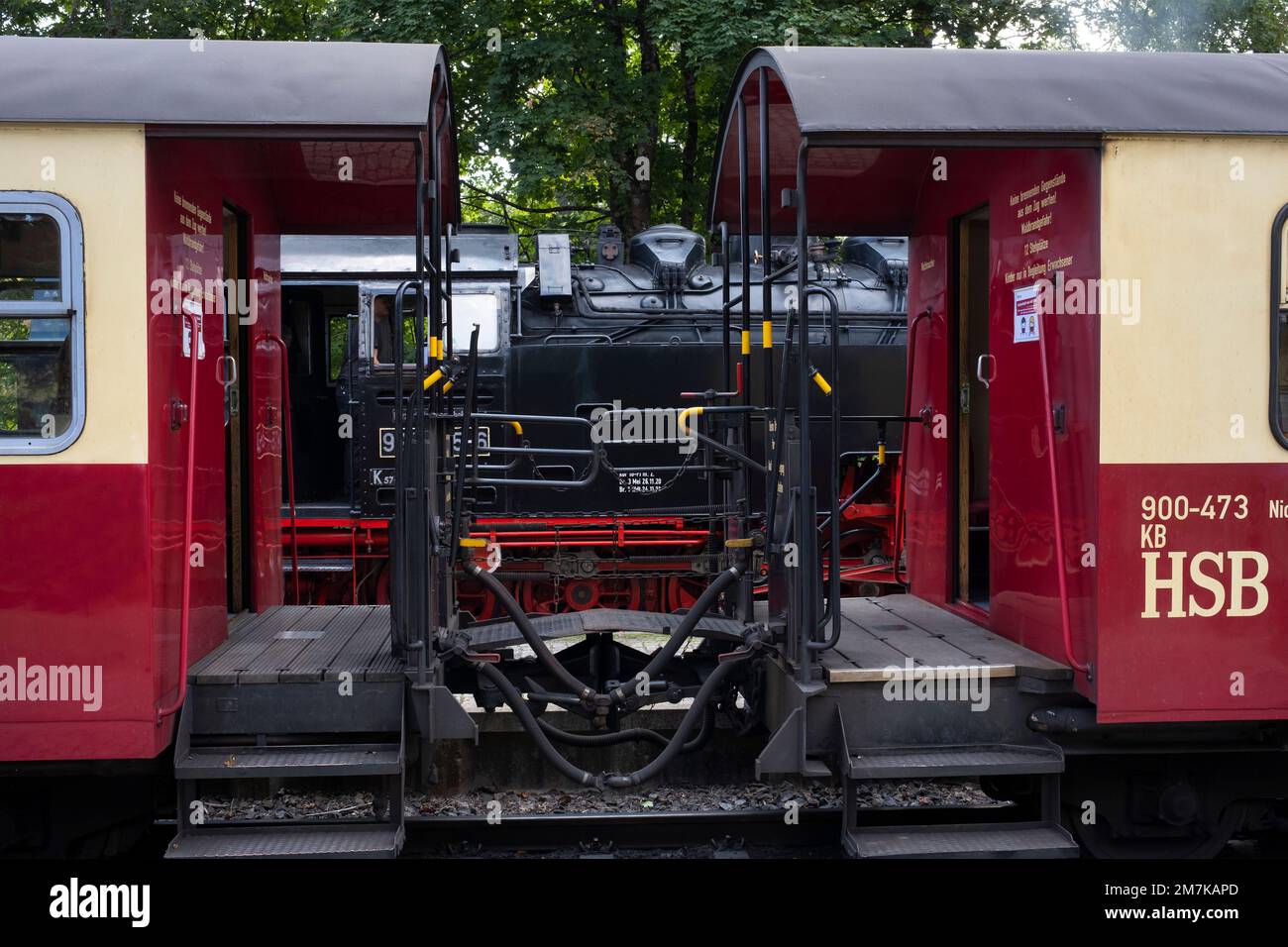 Offene Kutschen und Dampfeisenbahn auf der Harz-Bergbahn, Deutschland, Europa Stockfoto