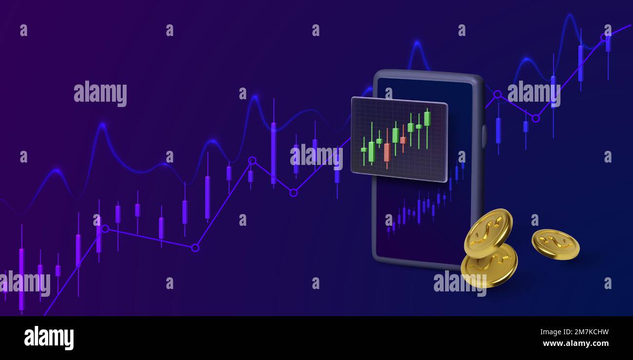 Mobiltelefon mit Börsen-App auf dem Bildschirm und Goldmünzen. Investitionsanwendung und Business-Banner. Vektordarstellung Stock Vektor