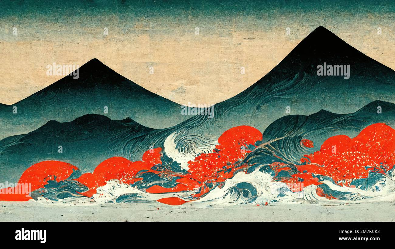 Moderne, Retro-, traditionelle und klassische japanische Ukiyo-e-Designelemente im Stil von Katsushika Hokusai mit rotem und blauem Berghintergrund Stockfoto