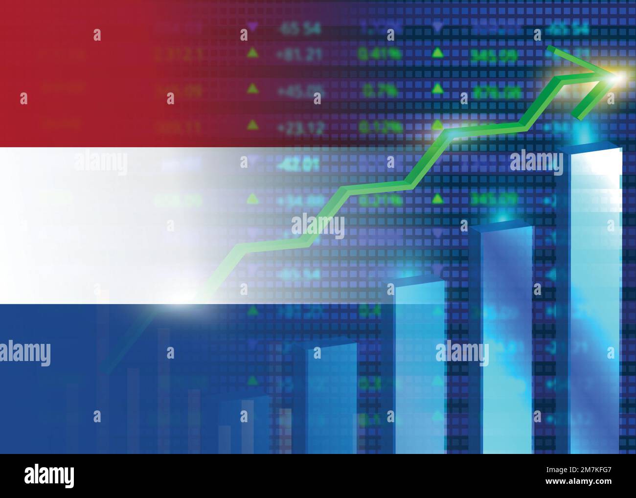Wirtschaftswachstum in Netherlands.Netherlands's Stock-market.Netherlands-Flagge mit Diagrammen, Wachstumspfeil Stock Vektor