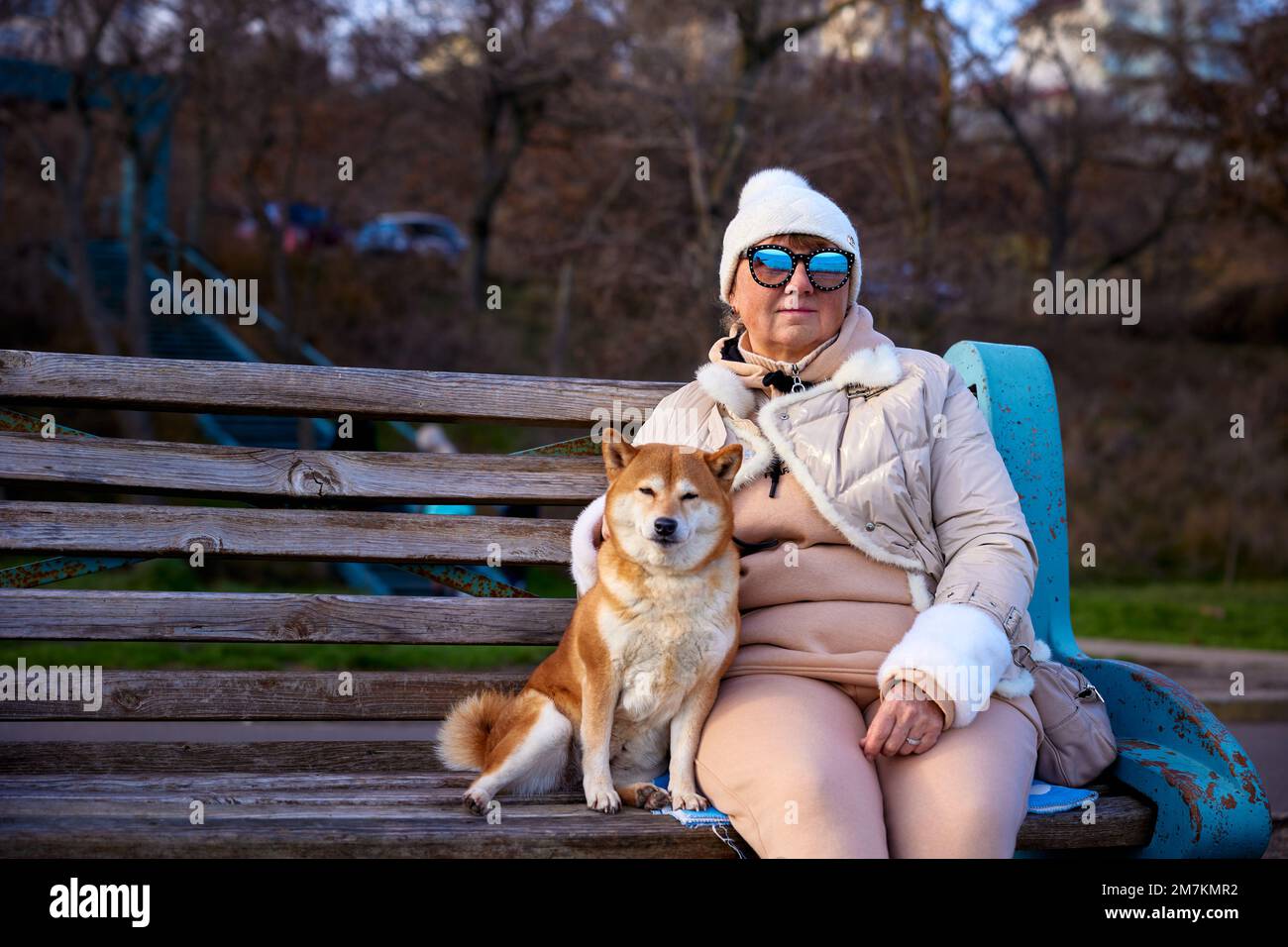Ziemlich reife Frau mit Sonnenbrille und Shiba Inu Hund, der auf einer Holzbank sitzt Stockfoto
