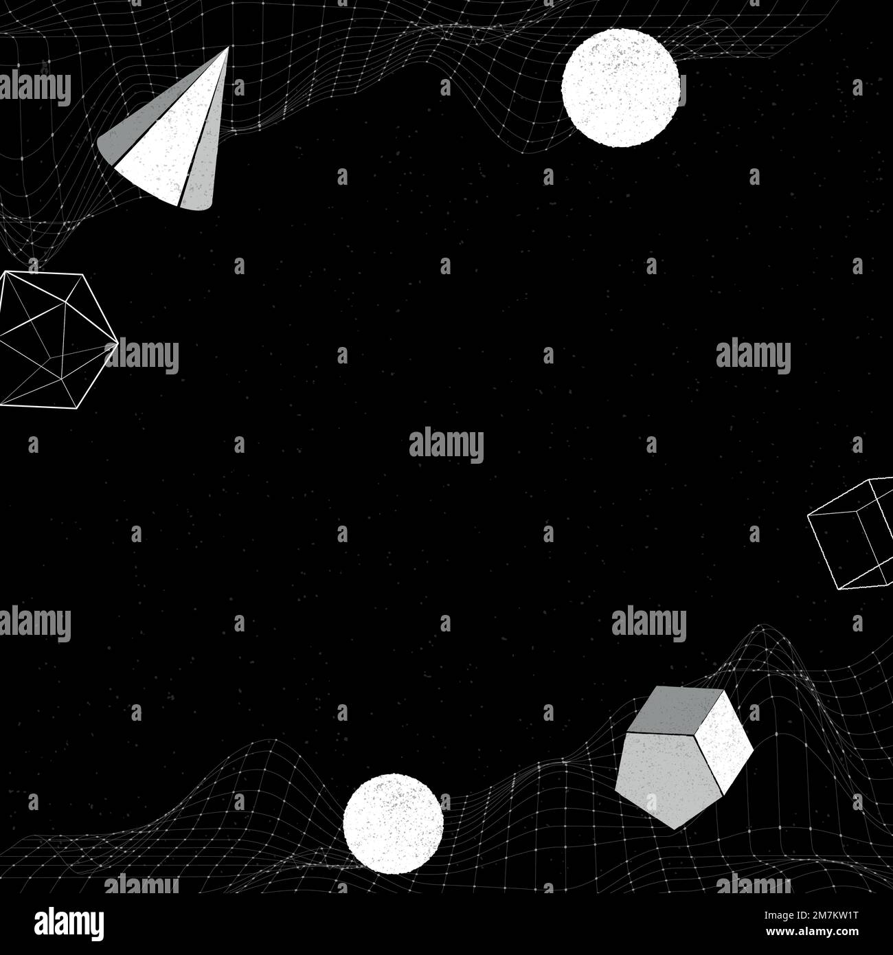 Weiße geometrische Formen auf einem wellengemusterten Hintergrundvektor mit Drahtmodell Stock Vektor