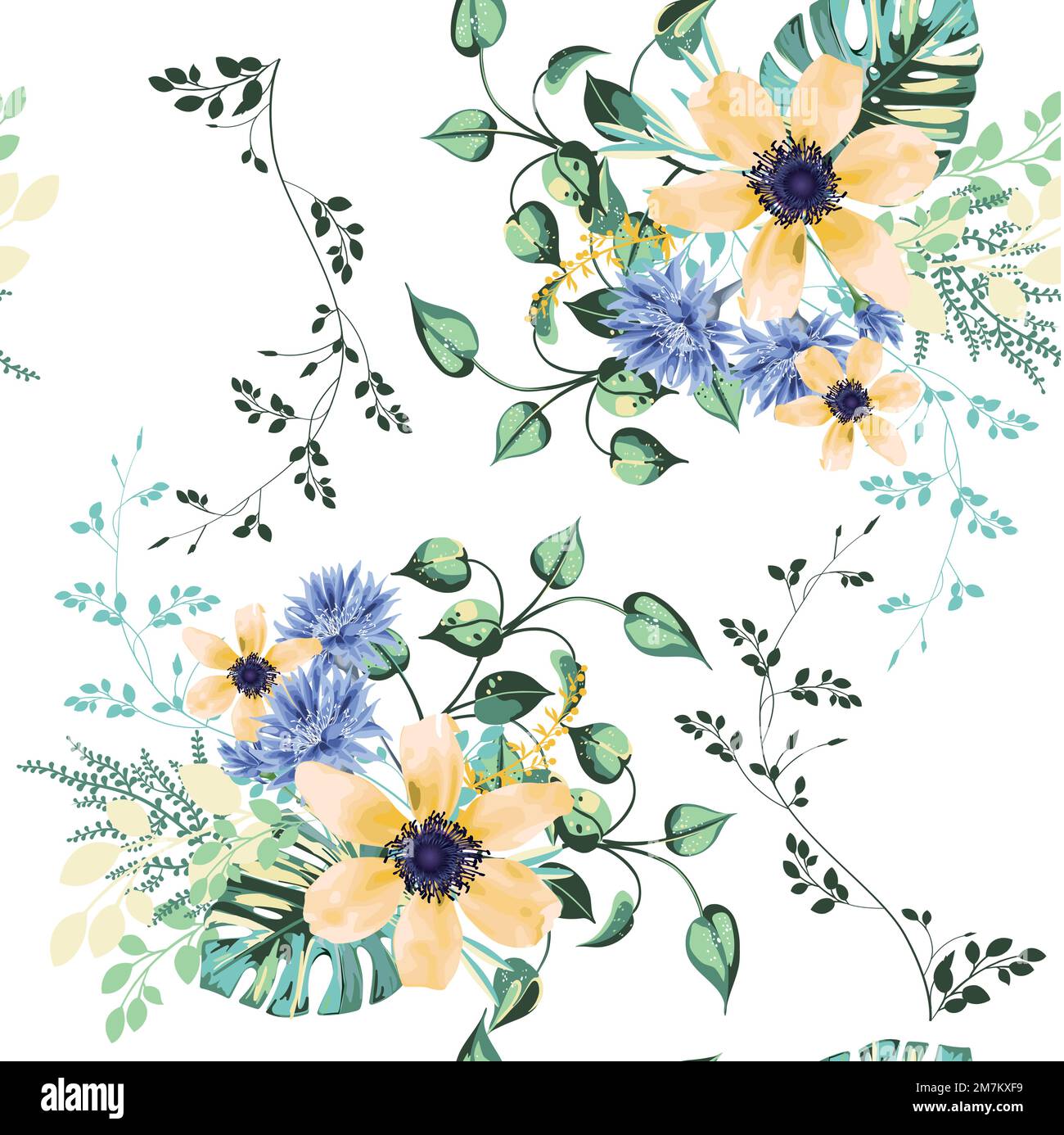 Modernes, nahtloses Blumenmuster. Digital gezeichnete Darstellung. Kann als Textilstoff oder Tapete, Karten, Einladungen, dekoratives Papier verwendet werden Stock Vektor