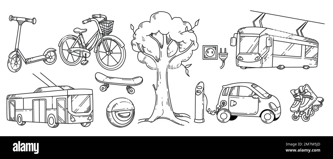 Doodle Set mit verschiedenen umweltfreundlichen Transportmitteln. Elektroauto, Roller, Fahrrad, Skateboard, Rollschuhe, Handgezeichnete Vektorbilder aus monowheel, öffentlichen Bussen und Straßenbahnen. Ökologischer Stadtverkehr. Stock Vektor