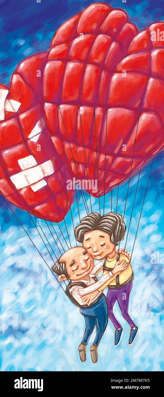 Concept Art Älteres Ehepaar schwimmt auf herzförmigen Ballons ein Ballon ist beschädigt und verweist darauf, wie starke Beziehungen helfen, die Liebe zu heilen Stockfoto