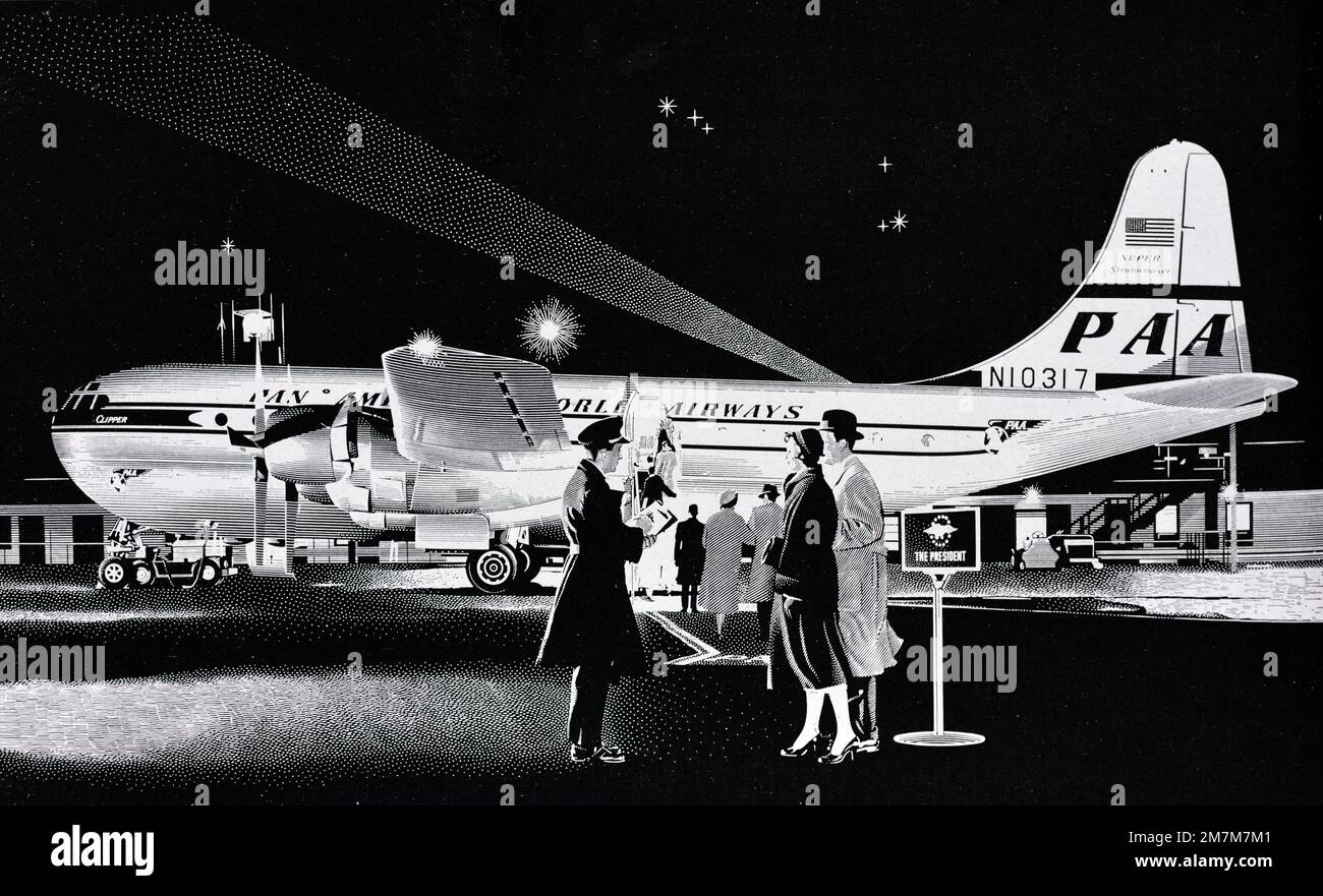 Klassische oder alte Werbung, Werbung, Publicity oder Illustration für einen Nachtflug mit Panam, Pan American Airlines oder PAA 1956 Stockfoto