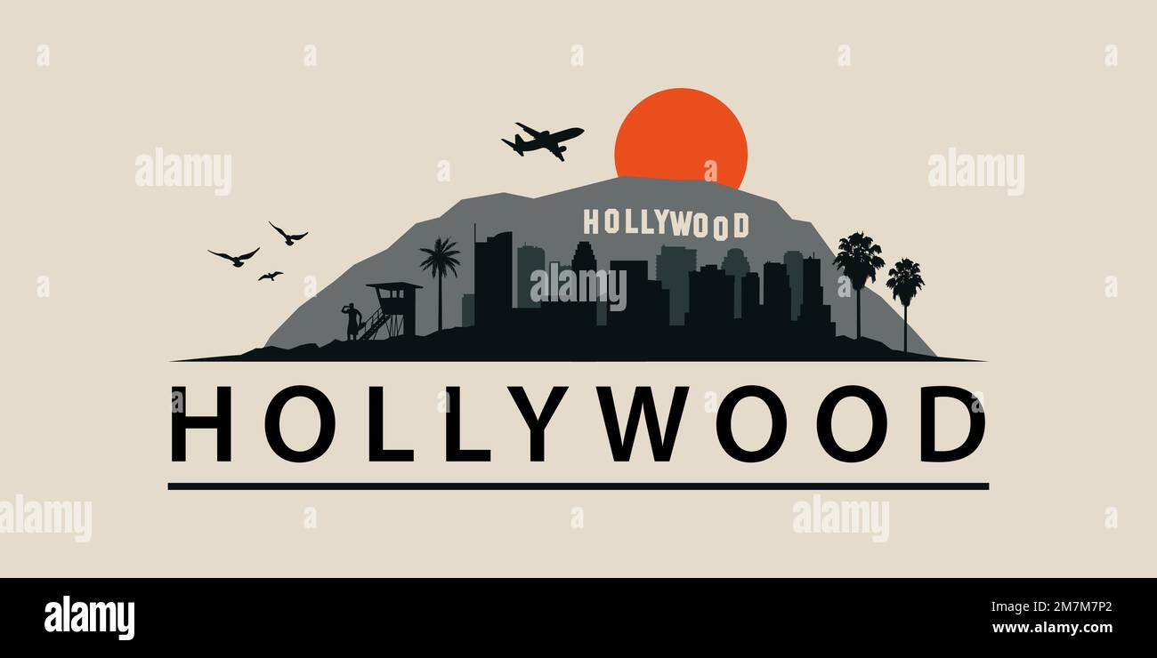 Hollywood, California Skyline Stadtlandschaft Los Angeles. Stadtbild, Stadt der Engel. Malibu Beach, Sunset Strip, Silhouettengrafik im Stil der 60er Jahre Stock Vektor