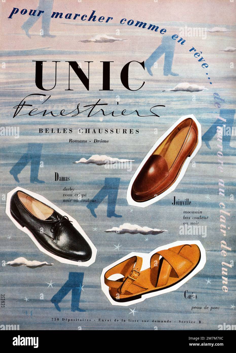 Vintage- oder Alte Werbung, Werbung, Publicity oder Illustration für 1950er Herrenschuhe oder Unic Shoes Werbung 1956 Stockfoto