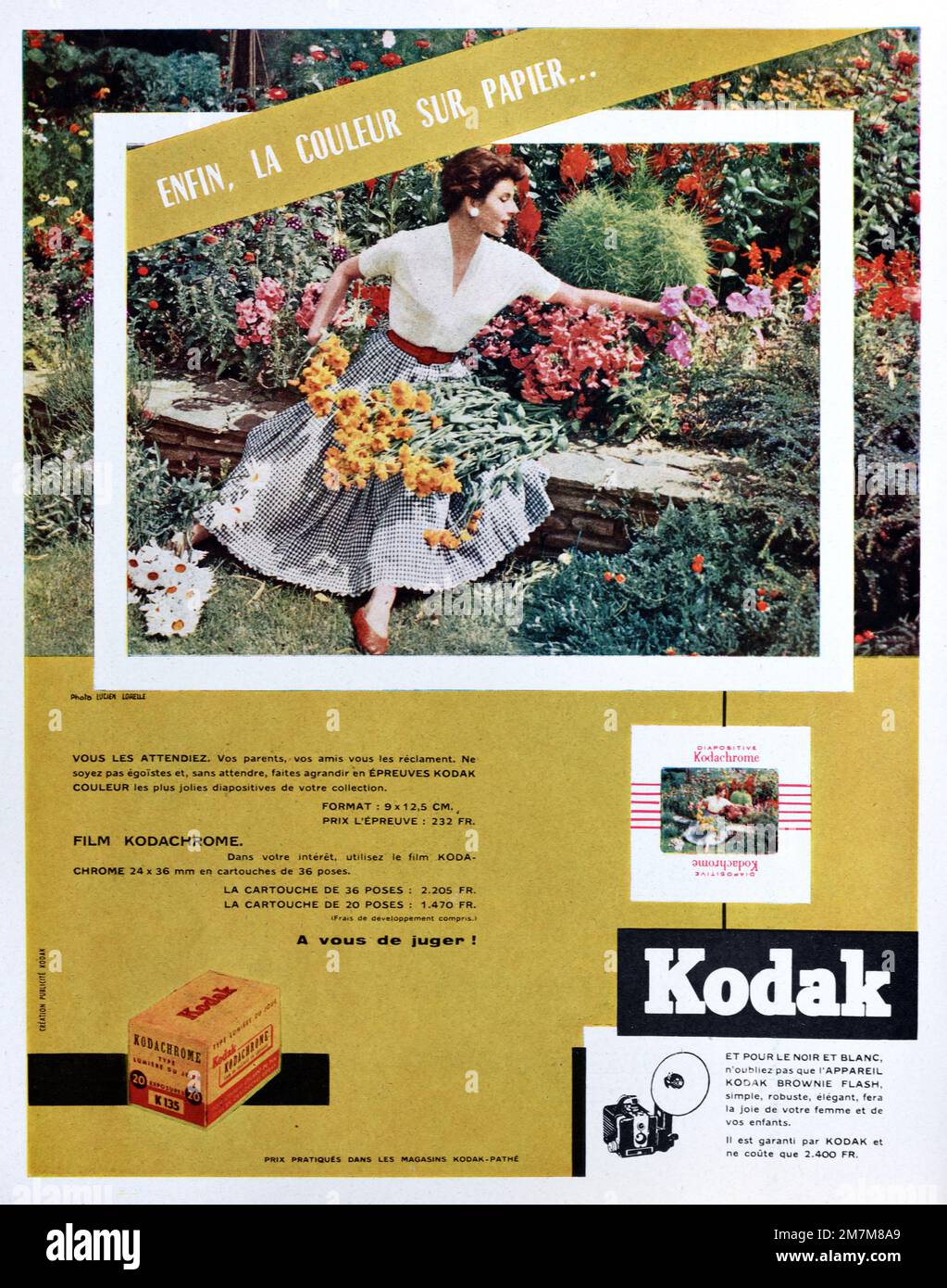 Klassische oder alte Werbung, Werbung, Publicity oder Illustration für Kodak, Kodak Ektachrome Slide Film und Kodak Farb- oder Farb-Fotopapier 1956 Stockfoto