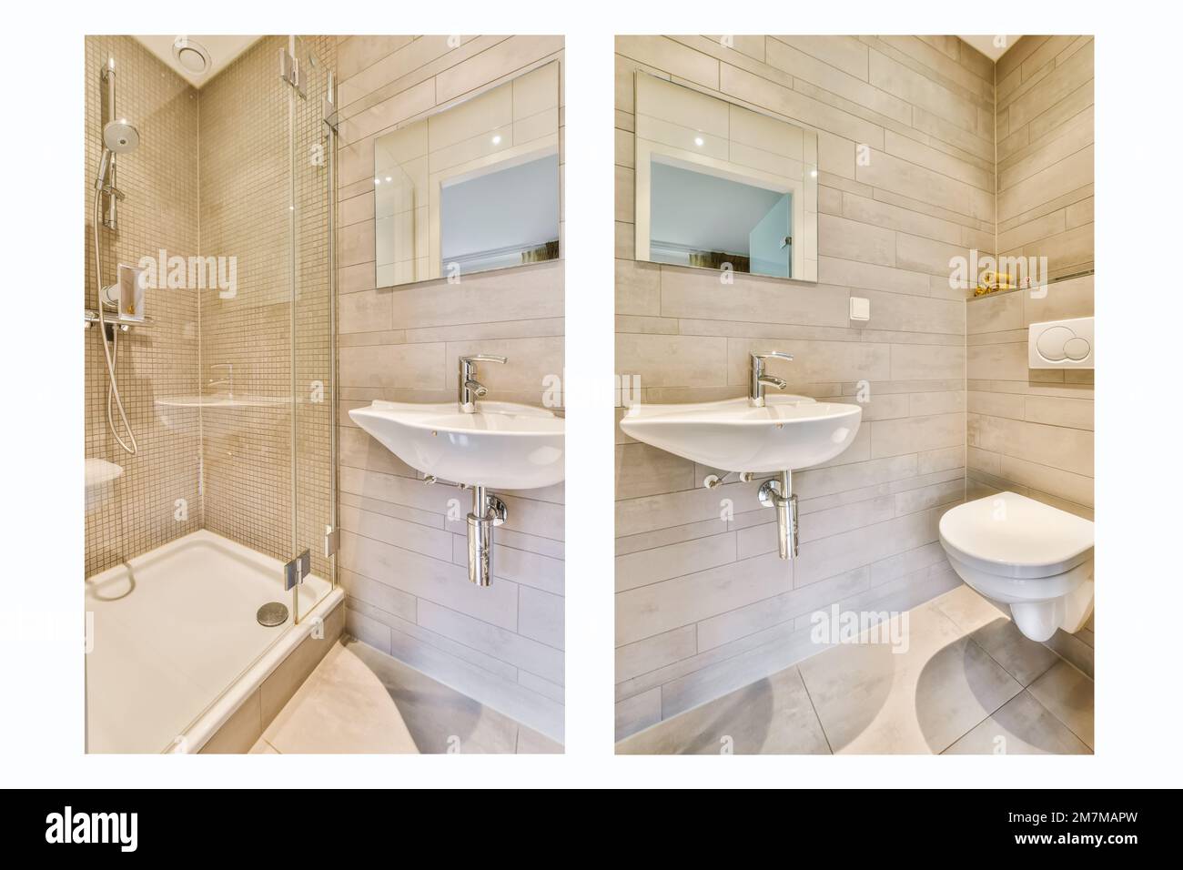 Ein Badezimmer mit zwei Waschbecken und einer Badewanne auf demselben Foto, eines mit einem Spiegel an der Wand Stockfoto