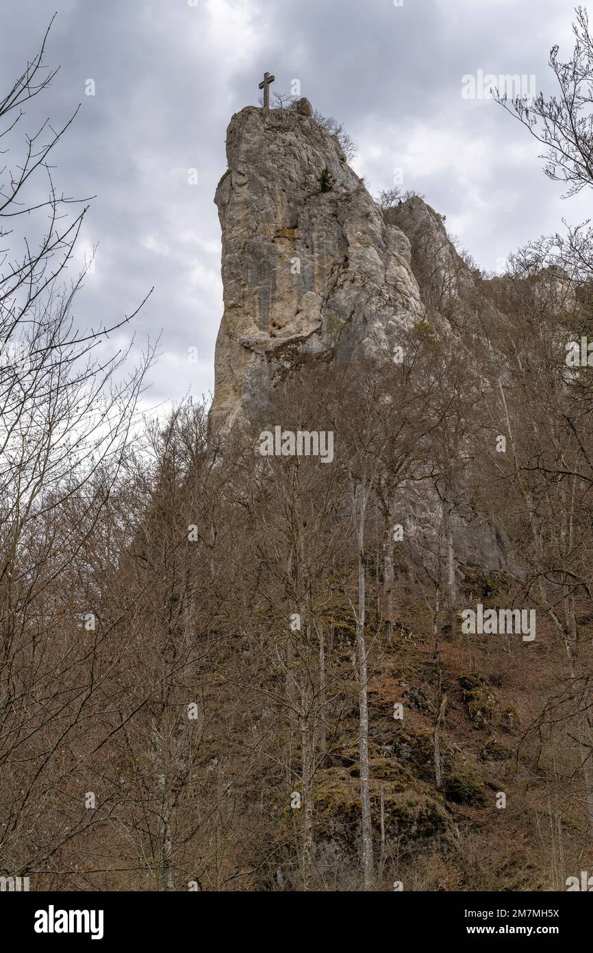 Europa, Deutschland, Süddeutschland, Baden-Württemberg, Donautal, Sigmaringen, Beuron, Petersfelsen im Donautal Stockfoto