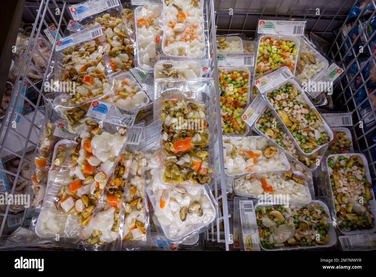 Italien - 08. Januar 2023: Salate aus Meeresfrüchten mit Garnelen und Gemüse, Miesmuscheln, Kalmare und tiefgefrorene Weichtiere in Packungen in Kühltheke zum Verkauf in I Stockfoto