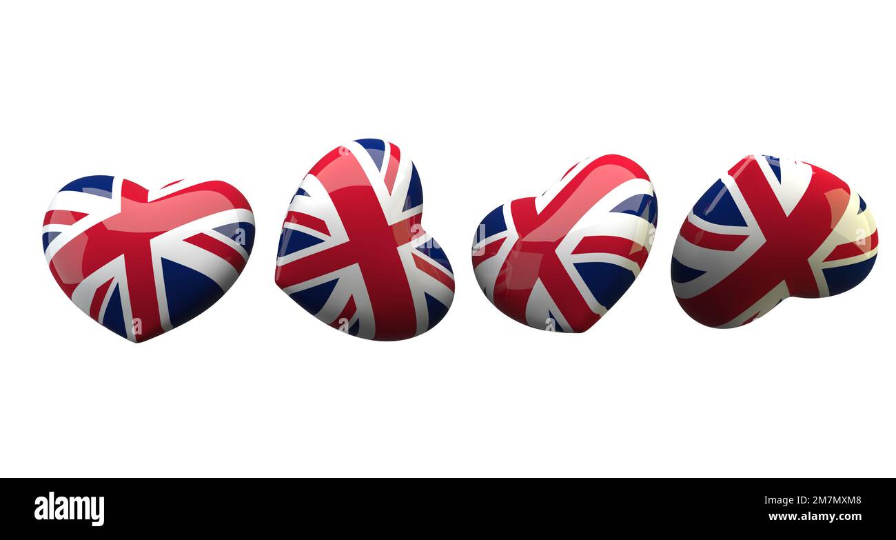 Ich liebe Großbritannien, Sammlungsherz mit britischer Flagge, romantisches Bild auf weißem Hintergrund, 3D-Arbeit und 3D-Bild Stockfoto