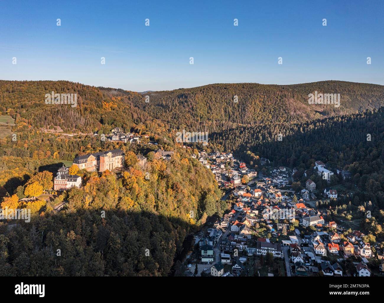 Deutschland, Thüringen, Schwarzburg, Kleinstadt, Burg, Tal, Berge, Wald, Überblick, Morgenlicht Stockfoto
