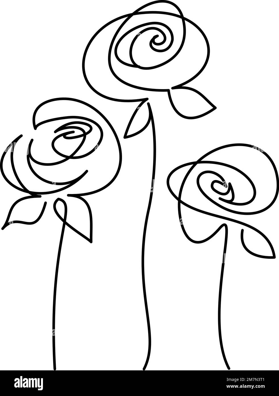 Drei abstrakte Rosenblumen. Durchgehende einzeilige Zeichnung, Vektordarstellung. Stock Vektor
