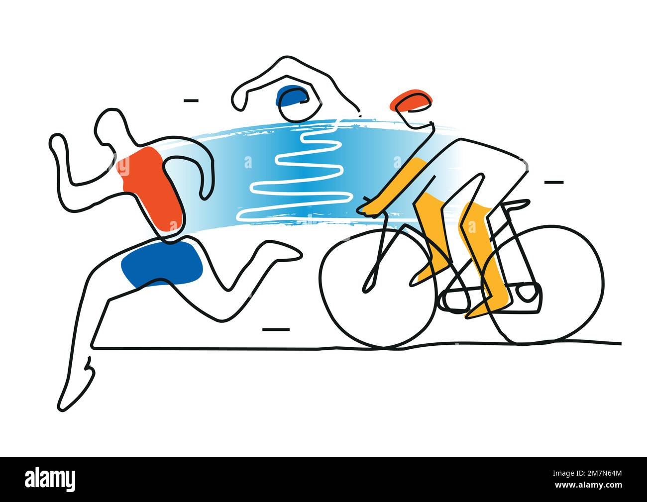 Triathlon Radfahren Schwimmen, Fitness, Linienkunst. Illustration von Triathlon-Athleten. Durchgehende Linienzeichnung. Isoliert auf weißem Hintergrund. Stock Vektor