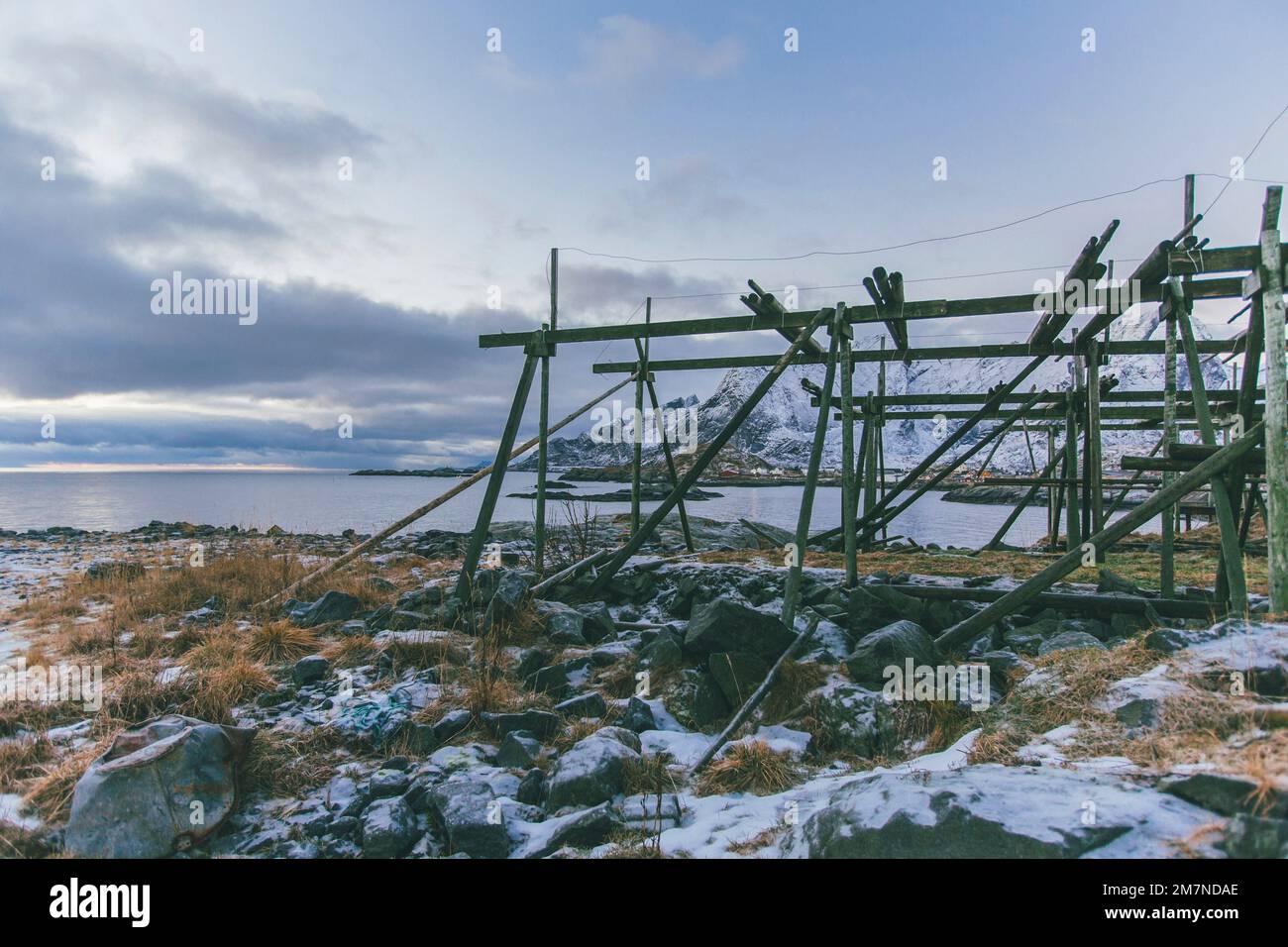 Trockengestell für Fisch aus Holz im Fjord, Trockengestell für Kabeljau, Kabeljau, Skandinavien, Norwegen, Lofoten Stockfoto