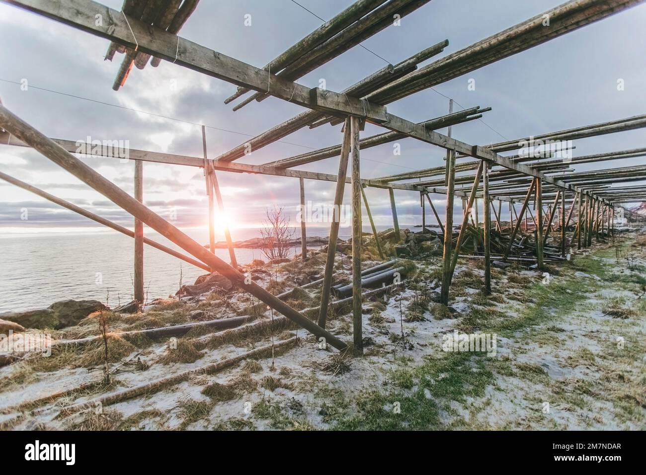 Trockengestell für Fisch aus Holz im Fjord bei Sonnenuntergang, Trockengestell für Kabeljau, Kabeljau, Skandinavien, Norwegen, Lofoten Stockfoto