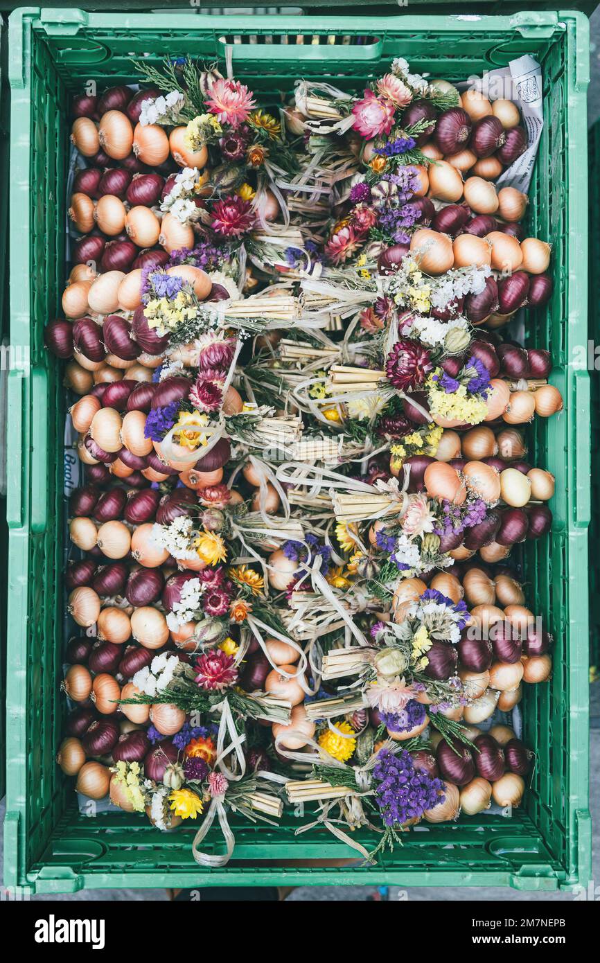 Zwiebeln (Zwiebeln) in einer Schachtel, traditioneller Zibelemärit, Zwiebelmarkt in Bern, Schweiz, essbare Zwiebeln (Allium cepa), Nahaufnahme, Zwiebelgeflecht Stockfoto