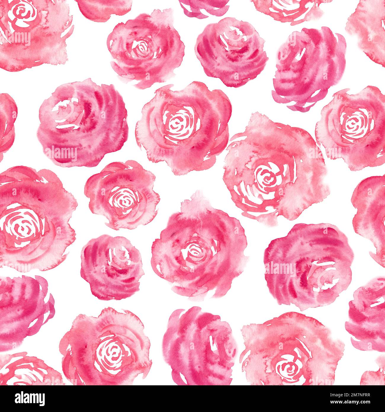 Nahtloses Muster mit abstrakten Rosenblumen in kräftigem Magenta. Handgezeichnete Blumenzeichnung zum Drucken. Rosafarbene und rote Pflanzen auf isoliertem Hintergrund für Textildesign oder Geschenkpapier. Stockfoto