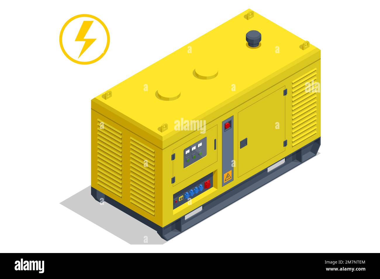 Isometrischer industrieller Dieselstromerzeuger. Tragbarer Stromerzeuger, Generator-Anhänger. Notstromaggregat. Stock Vektor