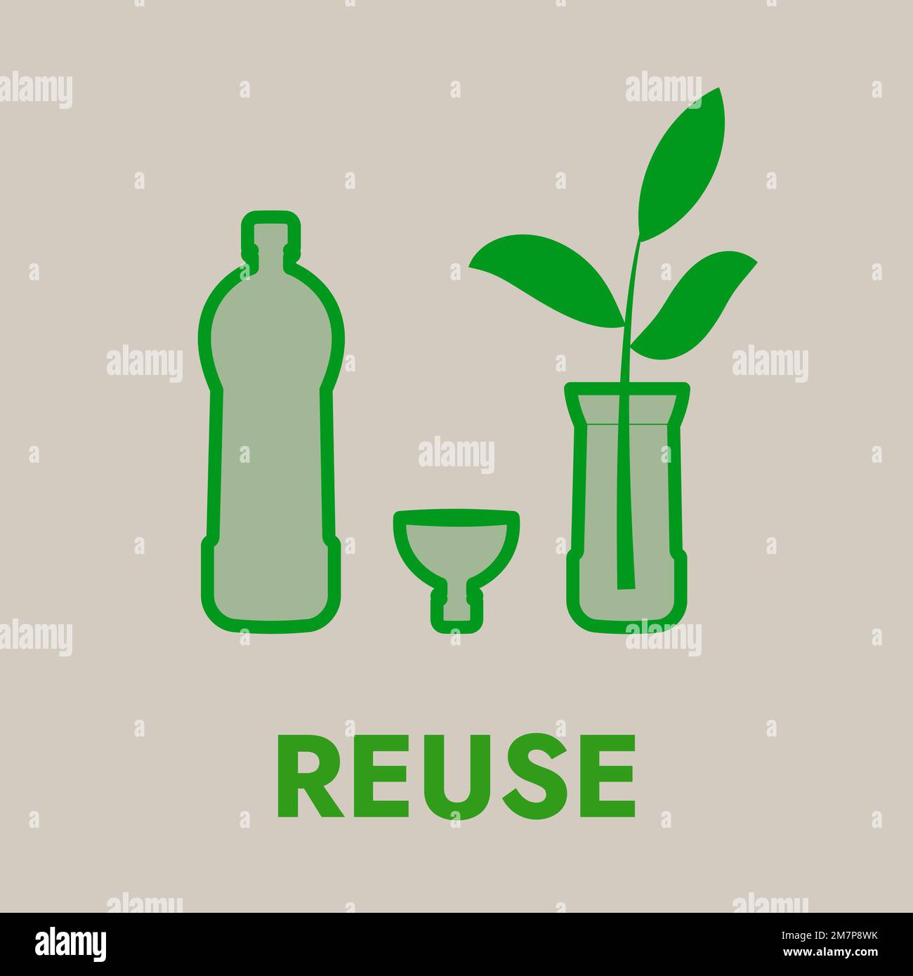 Wiederverwenden Sie das Konzept „keine Verschwendung“. Symbol einer Kunststoffflasche, die als Vase verwendet wird. vektordarstellung Stock Vektor